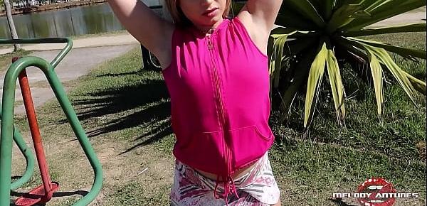  Hot blonde masturbates in park after getting all sweaty  FULL ON RED - MELODY ANTUNES